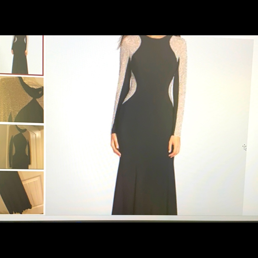 Xscape long sleeve Black Jersey High Neck Caviar Beaded Illusion Gown. Size 8